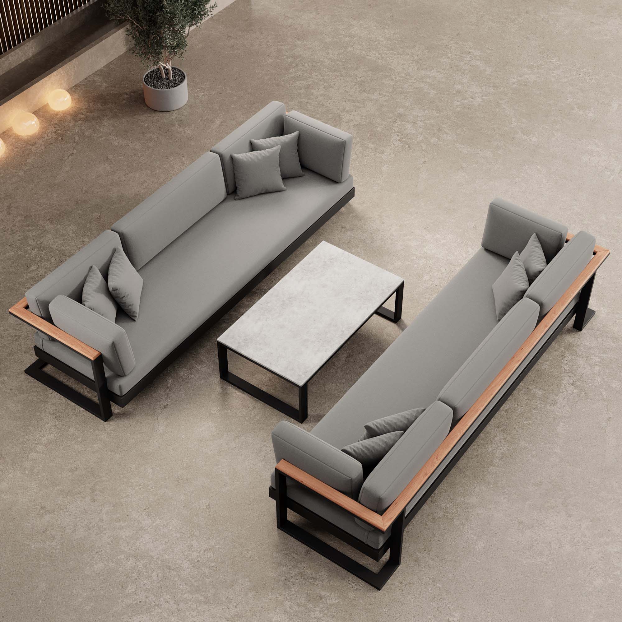 Vayla – 2 Dreisitzer & Tisch aus schwarzem Aluminium | Aevora™ Kollektion