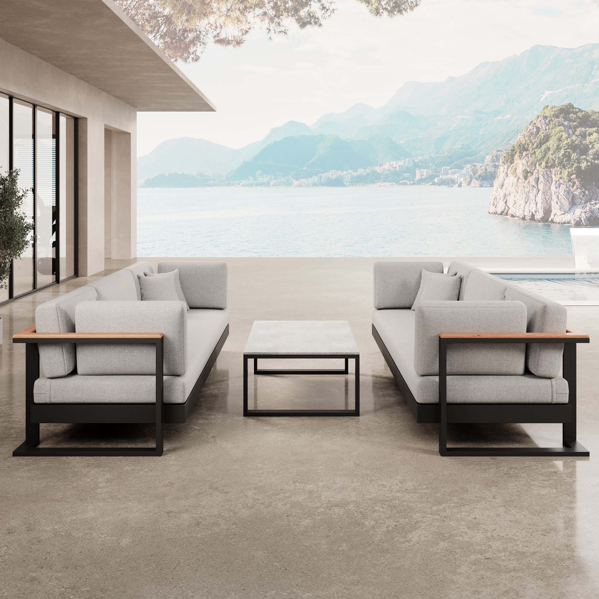 Vayla – 2 Dreisitzer & Tisch aus schwarzem Aluminium | Aevora™ Kollektion