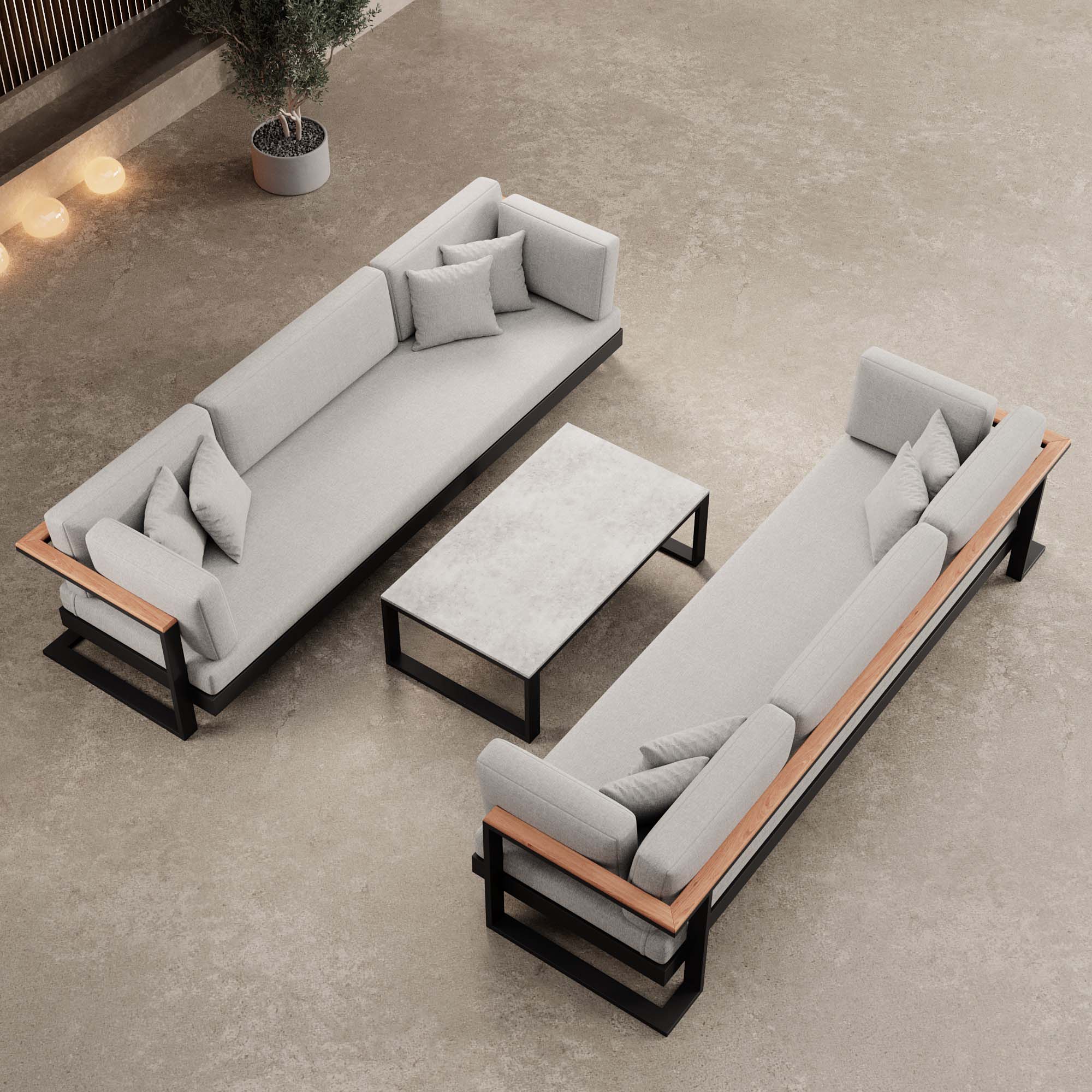 Vayla – 2 Dreisitzer & Tisch aus schwarzem Aluminium | Aevora™ Kollektion