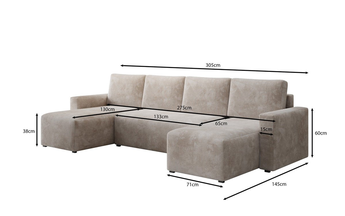 Designer Sofa Melva U mit Schlaf- und Klappfunktion in Cord