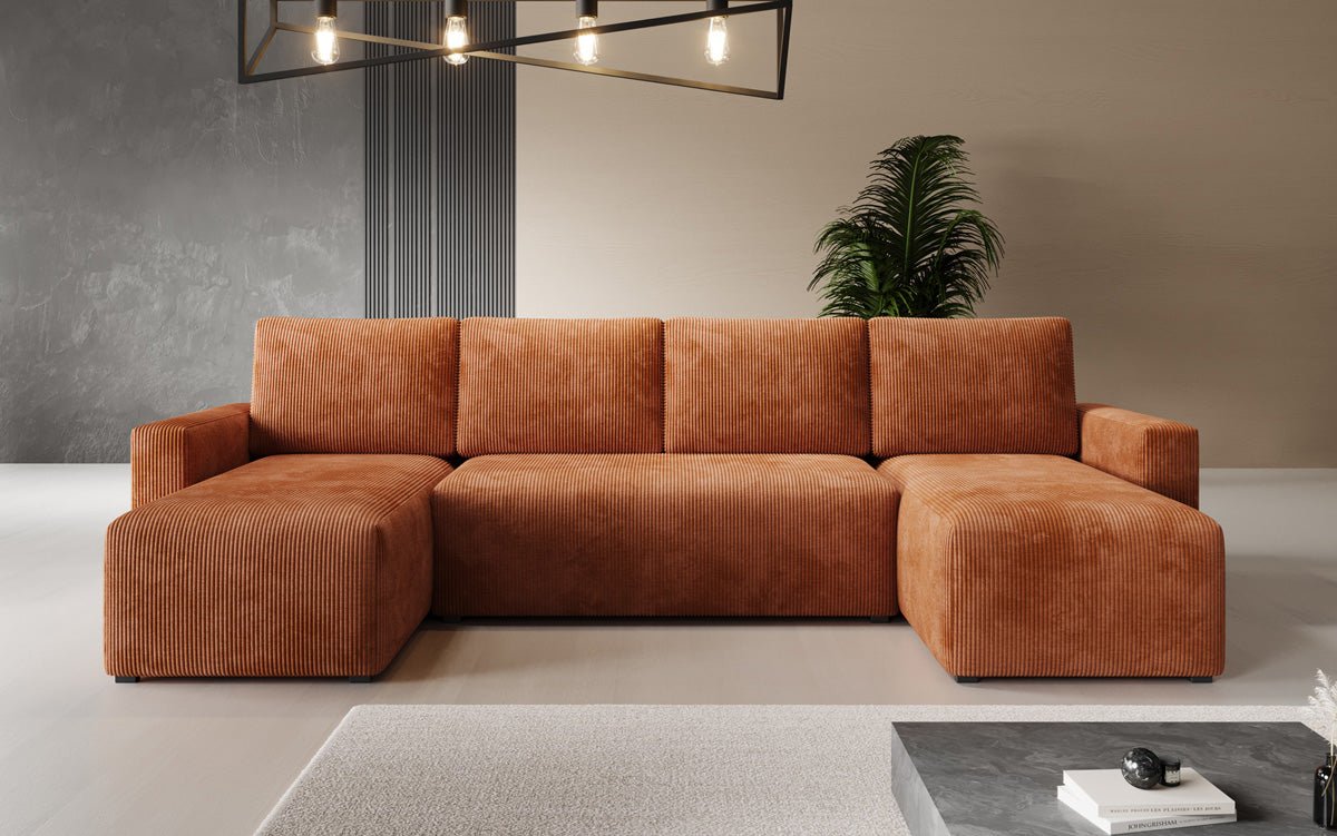 Designer Sofa Melva U mit Schlaf- und Klappfunktion in Cord