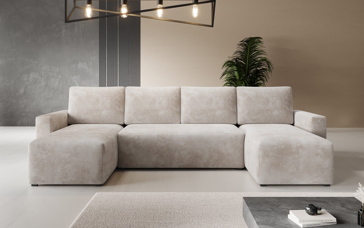 Designer Sofa Melva U mit Schlaf- und Klappfunktion in Cord
