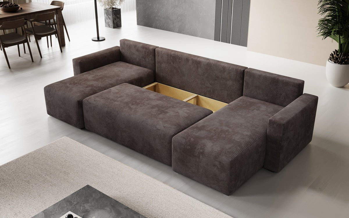 Designer Sofa Melva U mit Schlaf- und Klappfunktion in Cord