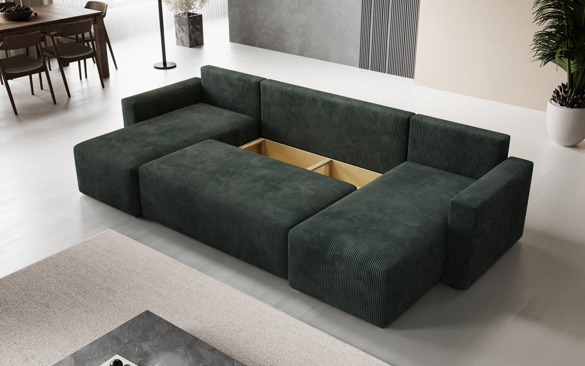 Designer Sofa Melva U mit Schlaf- und Klappfunktion in Cord