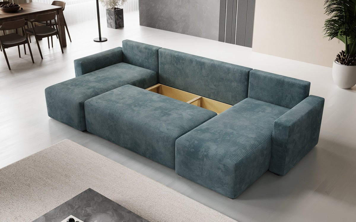Designer Sofa Melva U mit Schlaf- und Klappfunktion in Cord
