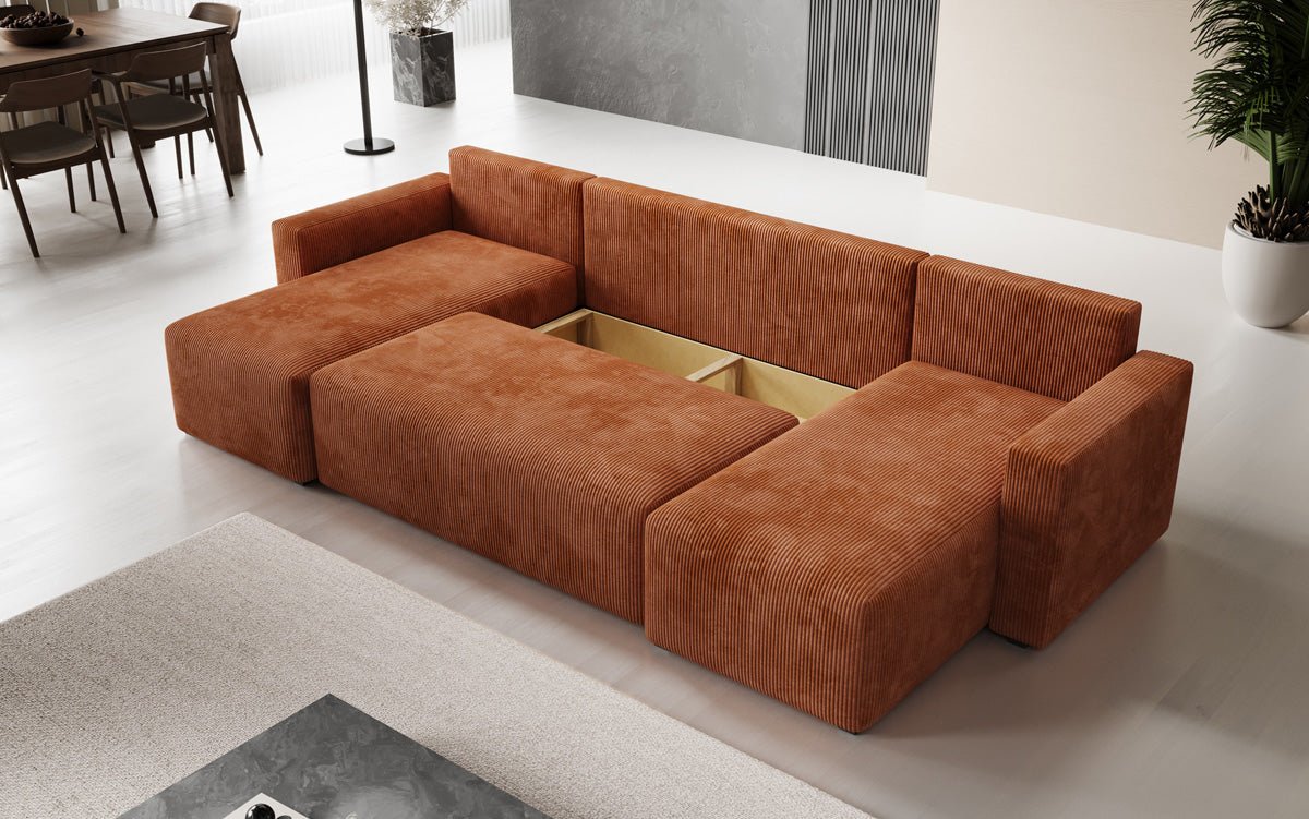 Designer Sofa Melva U mit Schlaf- und Klappfunktion in Cord