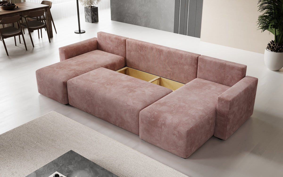 Designer Sofa Melva U mit Schlaf- und Klappfunktion in Cord