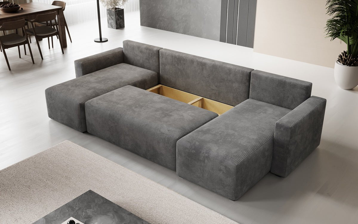 Designer Sofa Melva U mit Schlaf- und Klappfunktion in Cord
