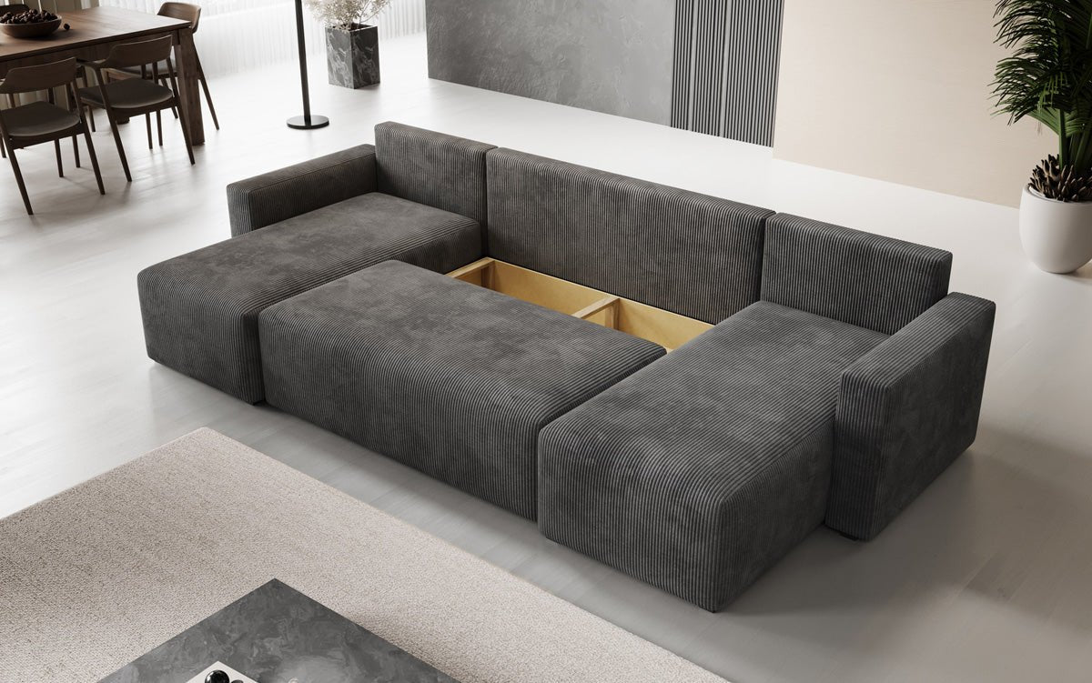 Designer Sofa Melva U mit Schlaf- und Klappfunktion in Cord