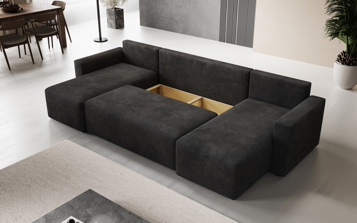 Designer Sofa Melva U mit Schlaf- und Klappfunktion in Cord