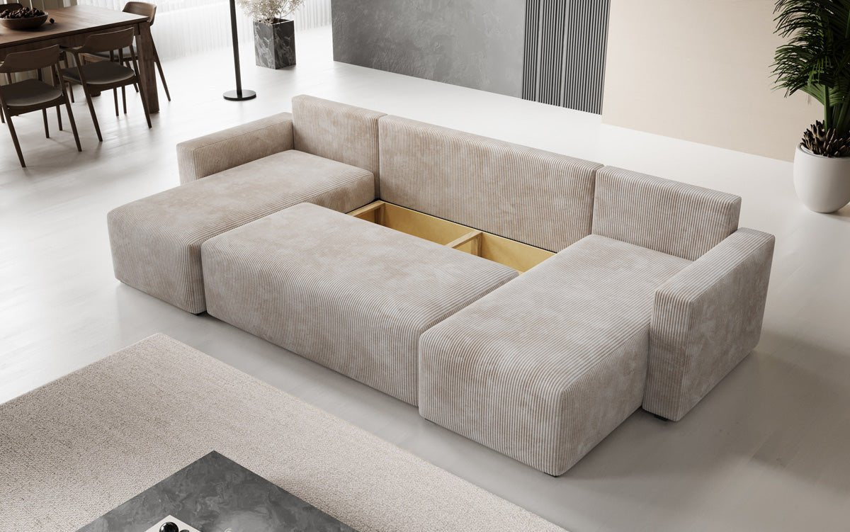 Designer Sofa Melva U mit Schlaf- und Klappfunktion in Cord