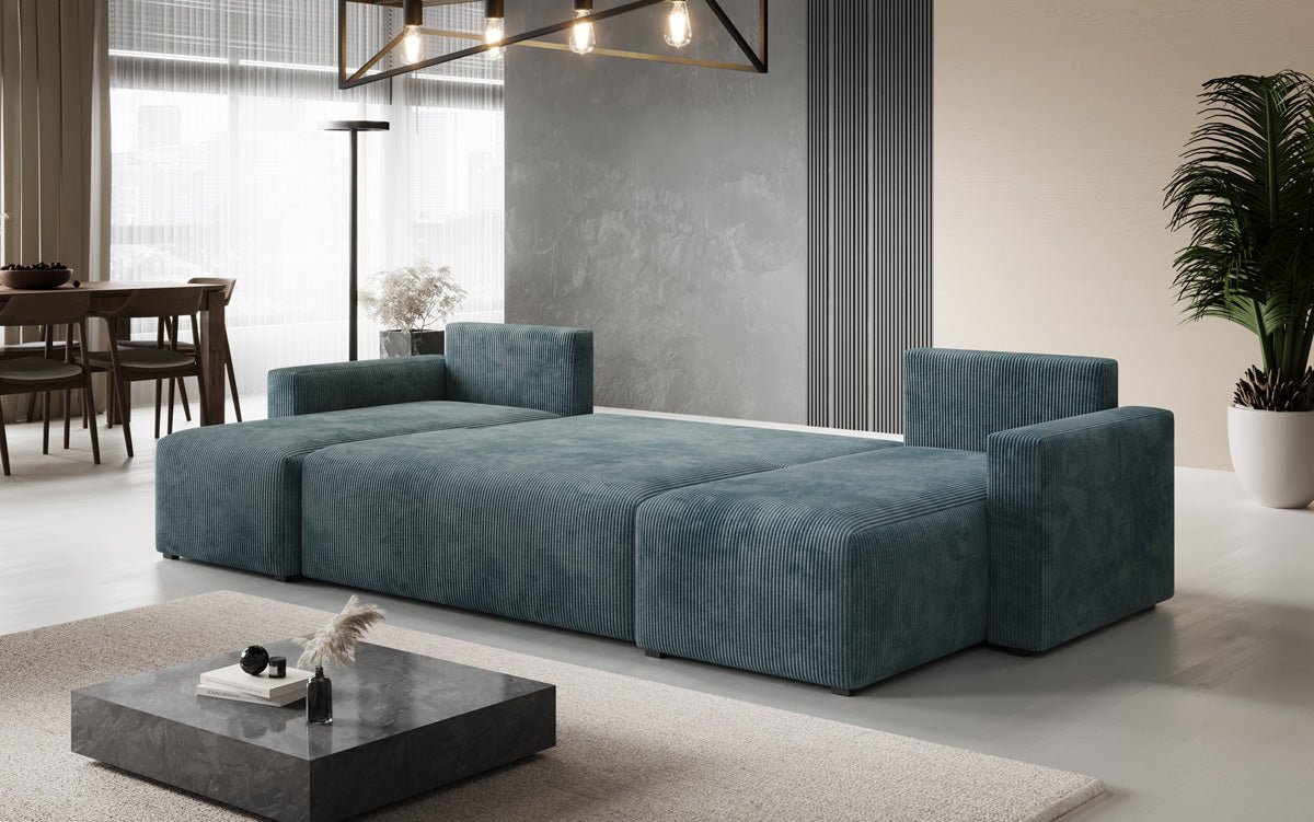 Designer Sofa Melva U mit Schlaf- und Klappfunktion in Cord
