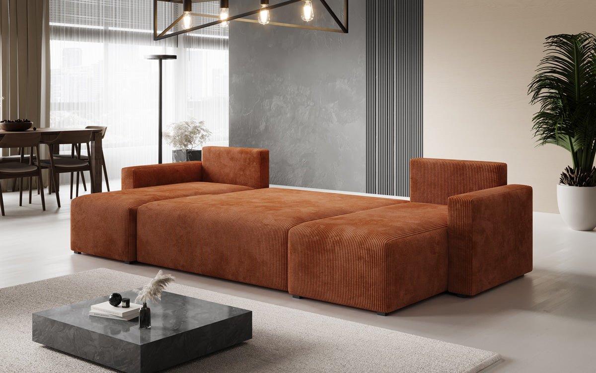 Designer Sofa Melva U mit Schlaf- und Klappfunktion in Cord