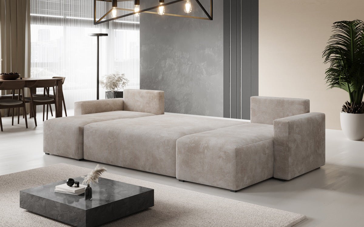Designer Sofa Melva U mit Schlaf- und Klappfunktion in Cord