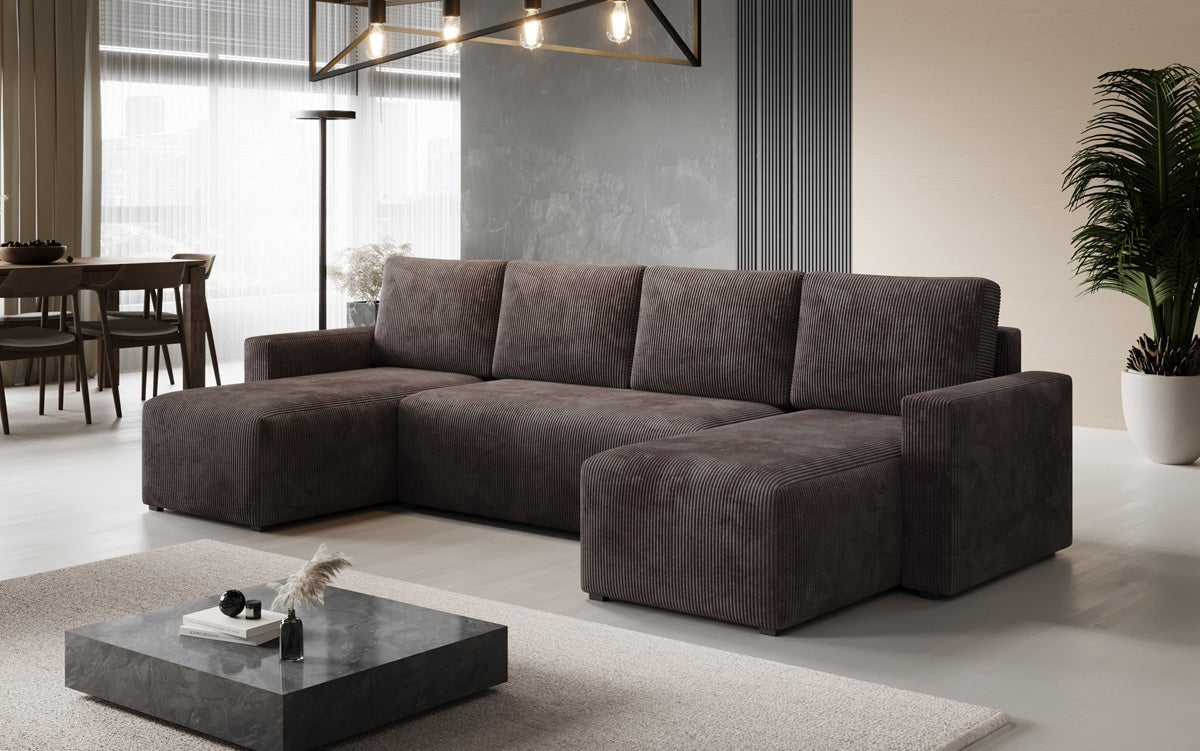 Designer Sofa Melva U mit Schlaf- und Klappfunktion in Cord