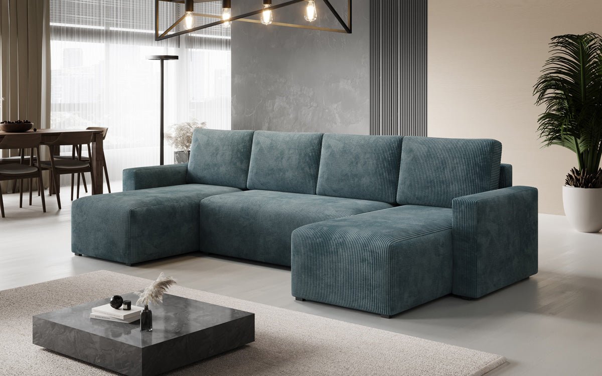 Designer Sofa Melva U mit Schlaf- und Klappfunktion in Cord