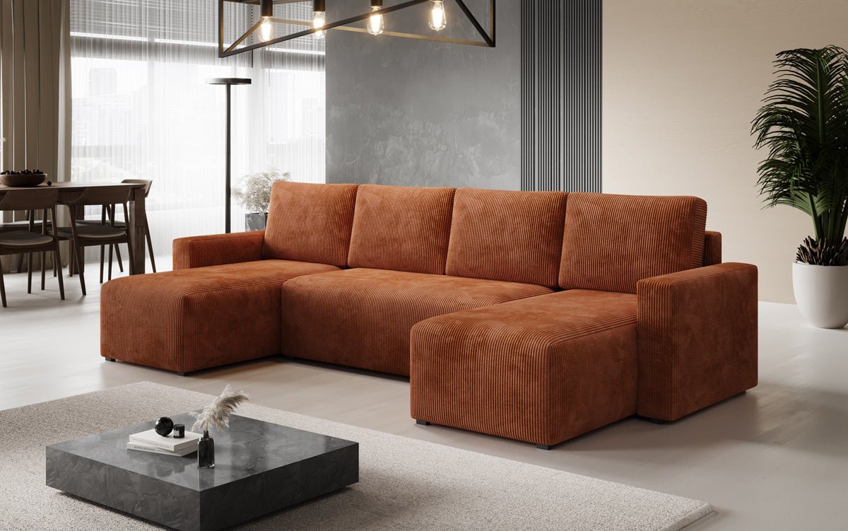 Designer Sofa Melva U mit Schlaf- und Klappfunktion in Cord