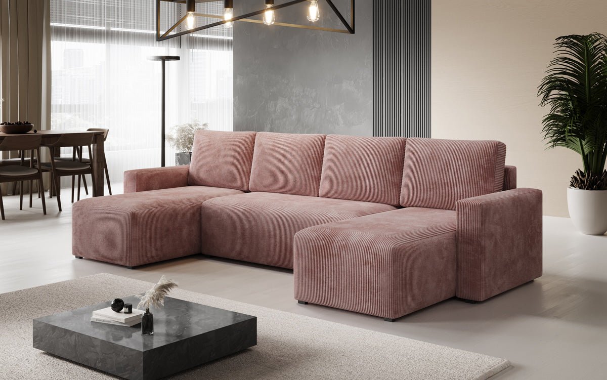 Designer Sofa Melva U mit Schlaf- und Klappfunktion in Cord