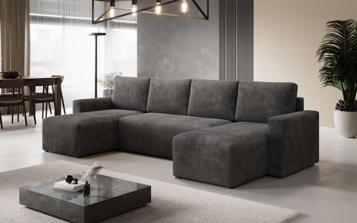 Designer Sofa Melva U mit Schlaf- und Klappfunktion in Cord