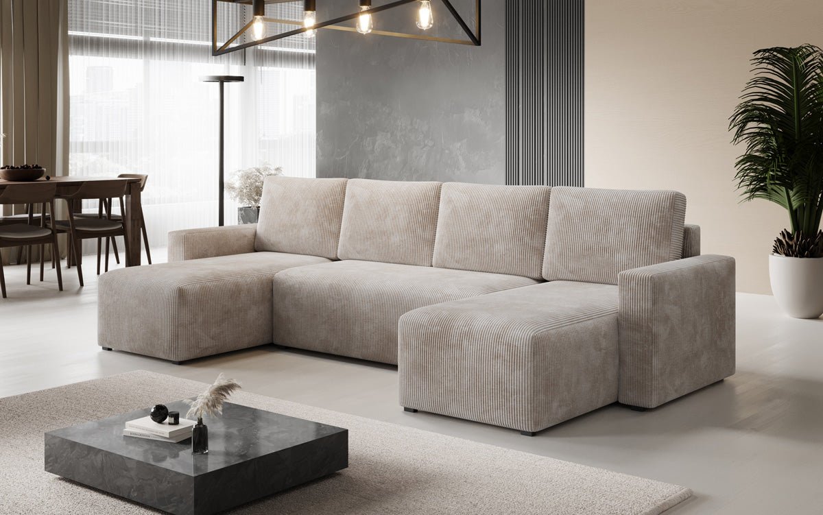 Designer Sofa Melva U mit Schlaf- und Klappfunktion in Cord