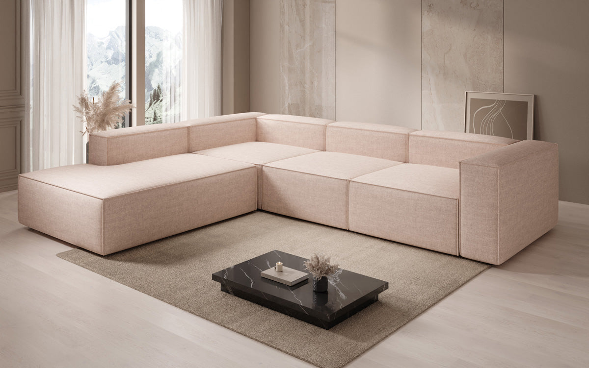 Designer Ecksofa Lesley mit langer Ottomane in Leinen-Optik
