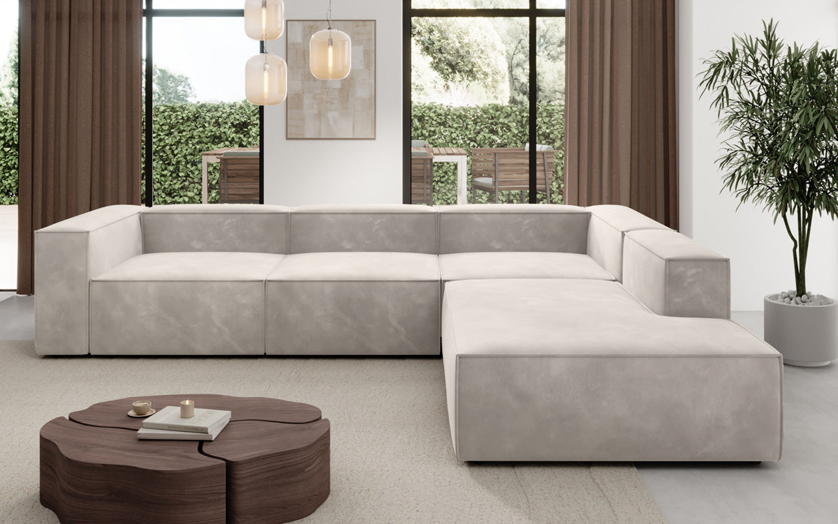 Designer Sofa Lesley L met lange ottomaan in Fluweel
