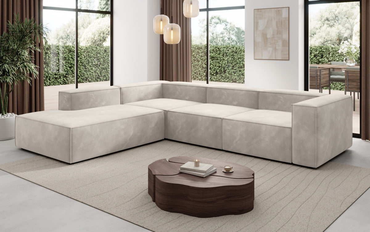 Designer Sofa Lesley L met lange ottomaan in Fluweel
