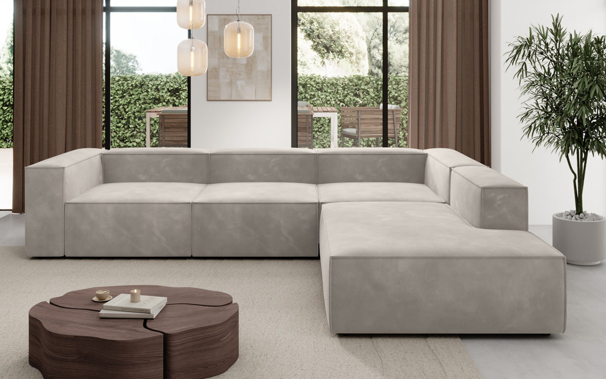 Designer Sofa Lesley L met lange ottomaan in Fluweel