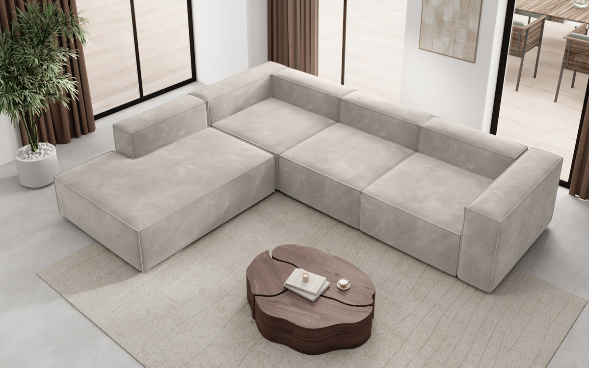Designer Sofa Lesley L met lange ottomaan in Fluweel