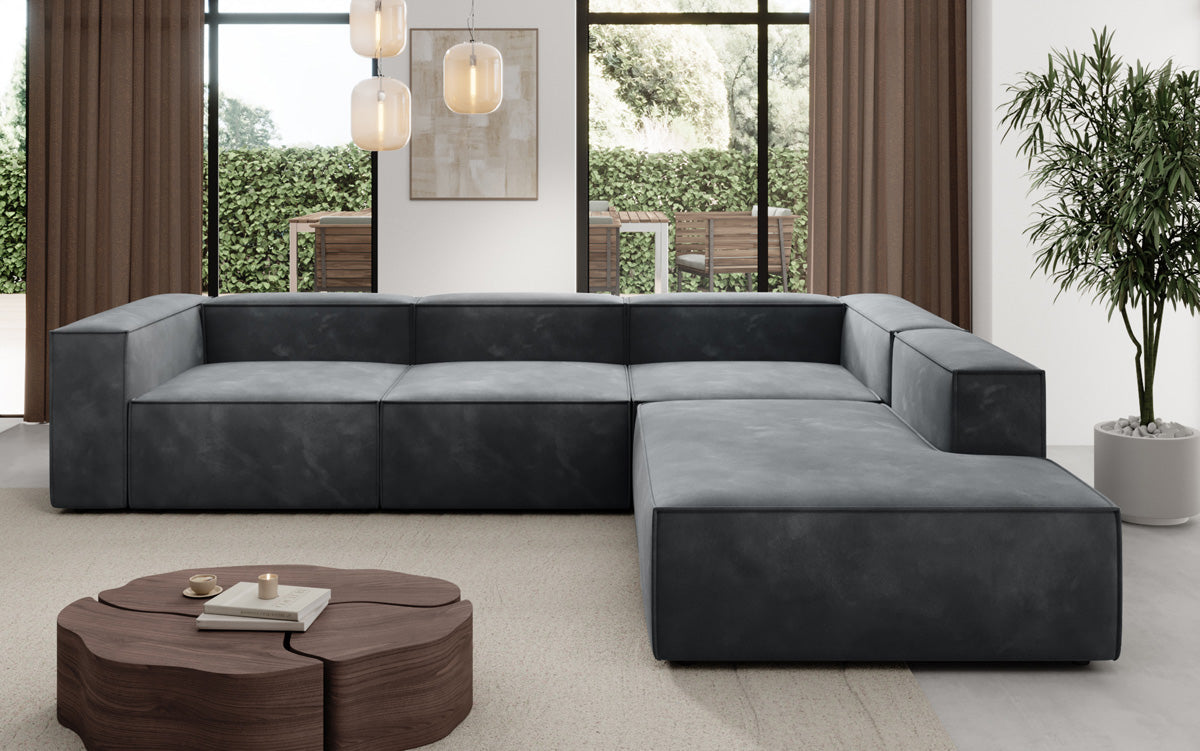 Designer Sofa Lesley L met lange ottomaan in Fluweel