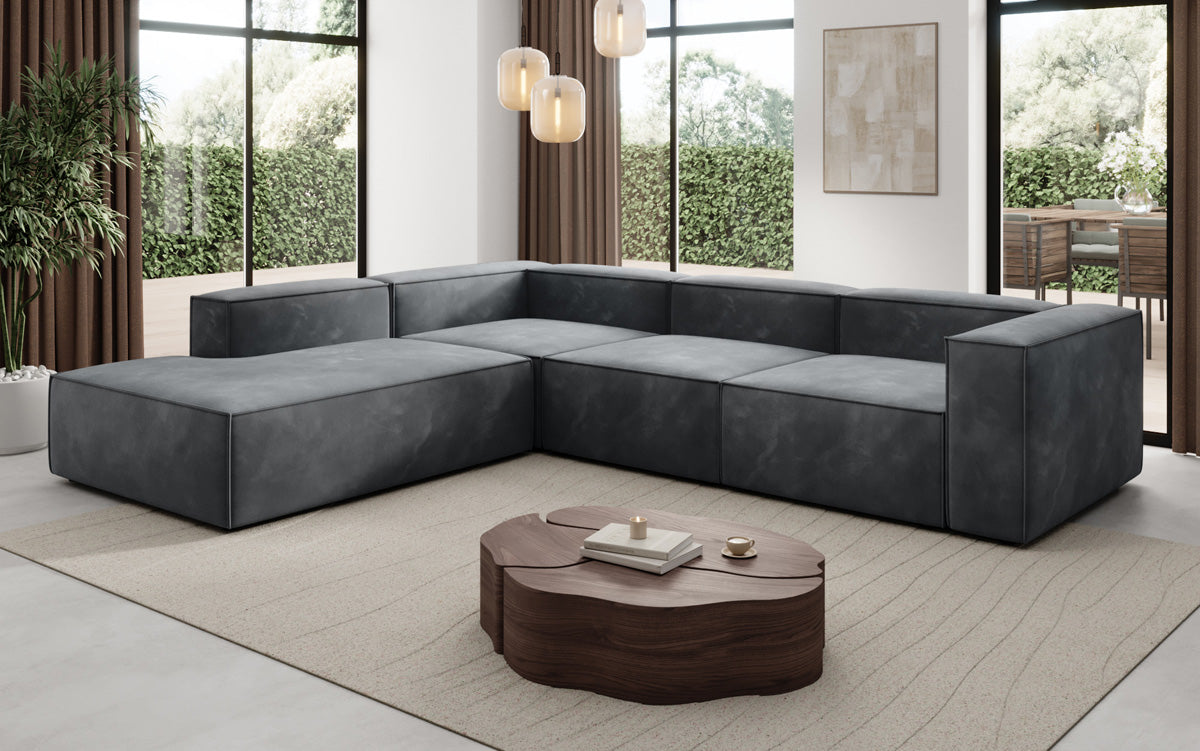 Designer Sofa Lesley L met lange ottomaan in Fluweel