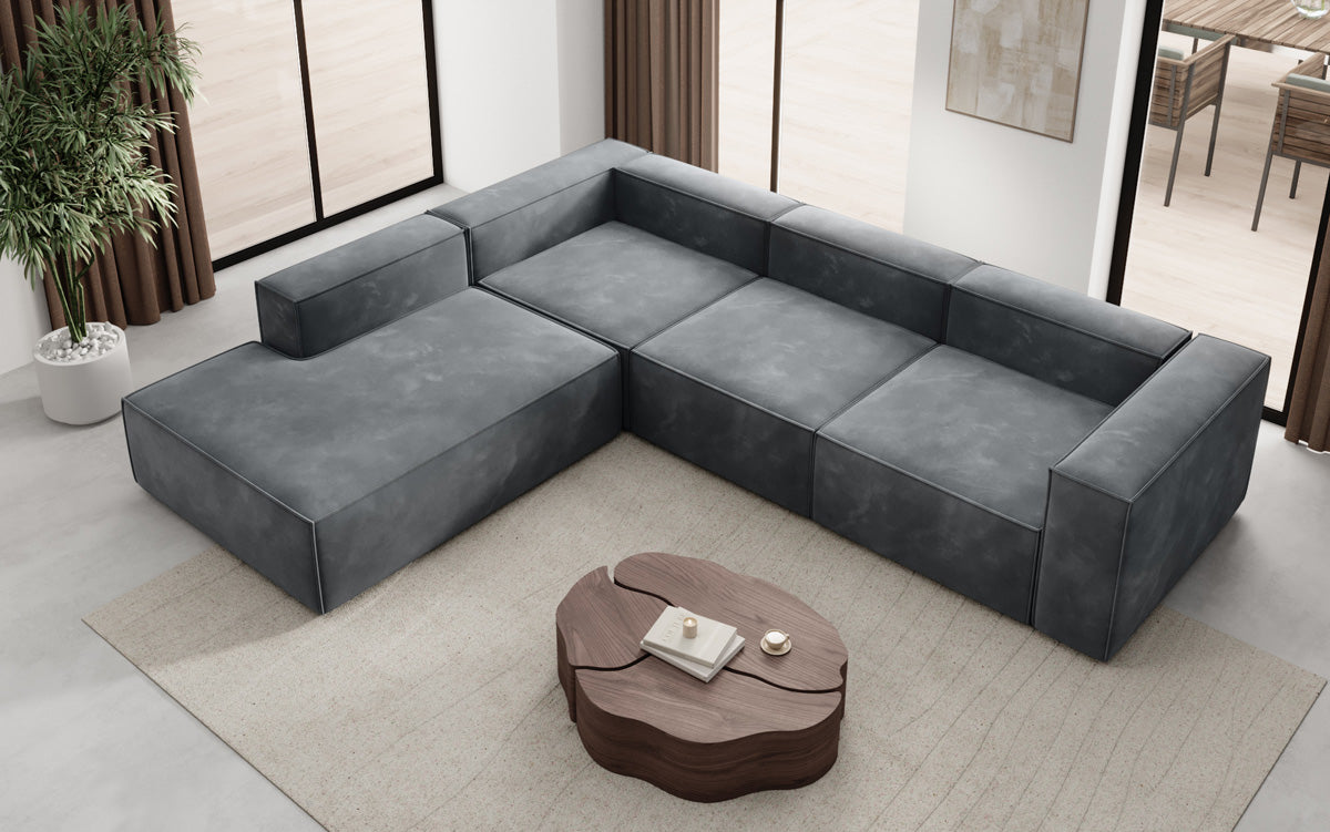Designer Sofa Lesley L met lange ottomaan in Fluweel