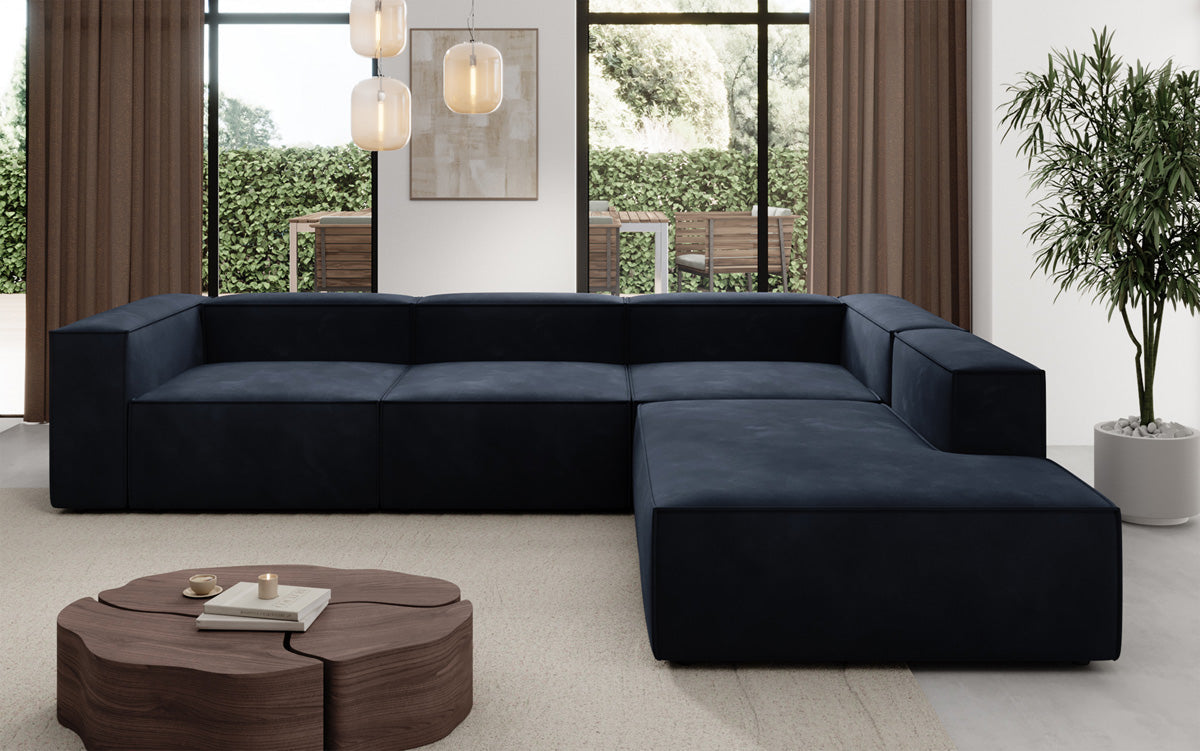 Designer Sofa Lesley L met lange ottomaan in Fluweel