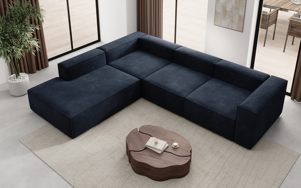 Designer Sofa Lesley L met lange ottomaan in Fluweel