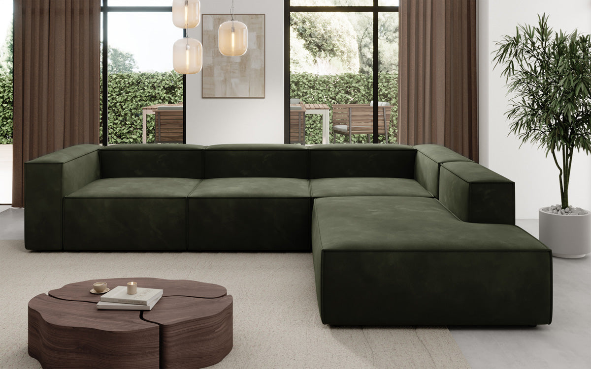 Designer Sofa Lesley L met lange ottomaan in Fluweel