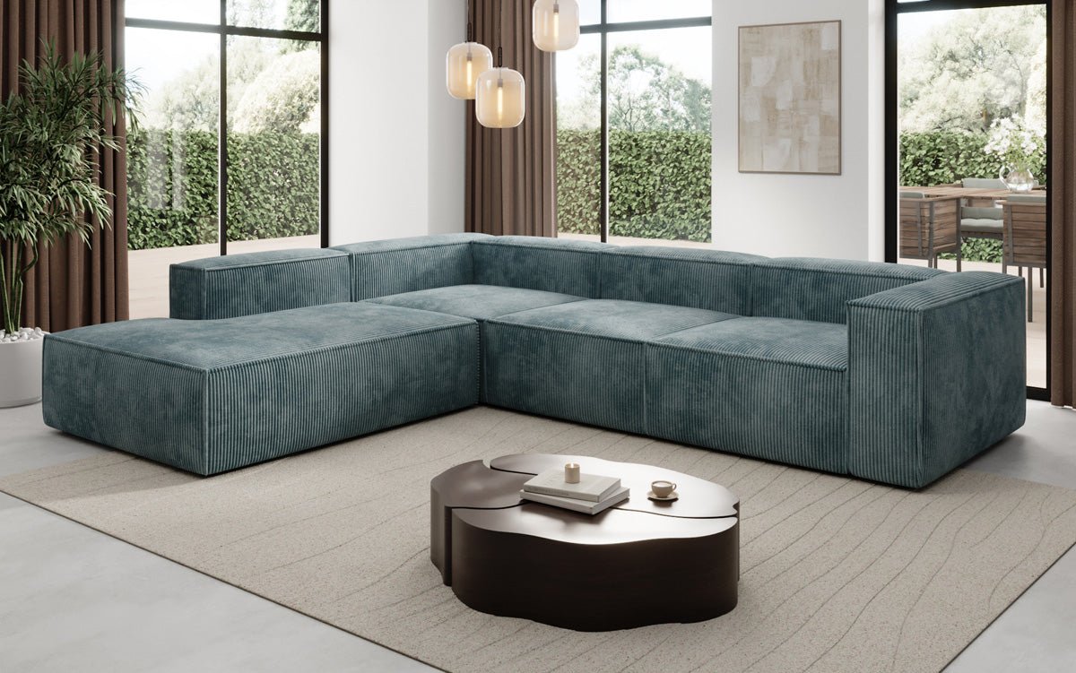 Designer Sofa Lesley L with long ottoman in corduroy
