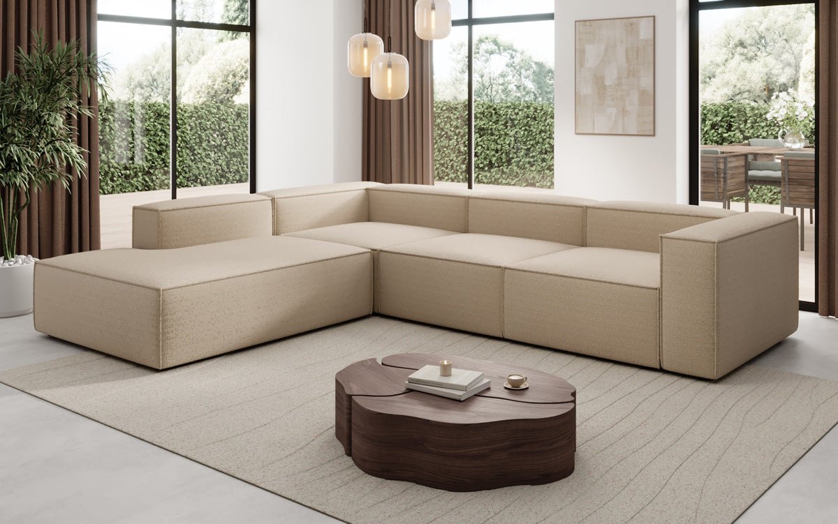 Designer Sofa Lesley L mit langer Ottomane in Bouclé