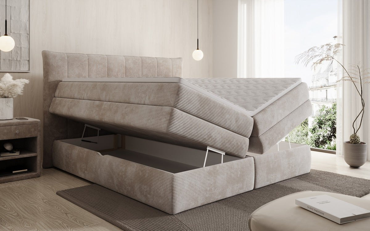 Lit boxspring Stella avec rangement en Côtelé