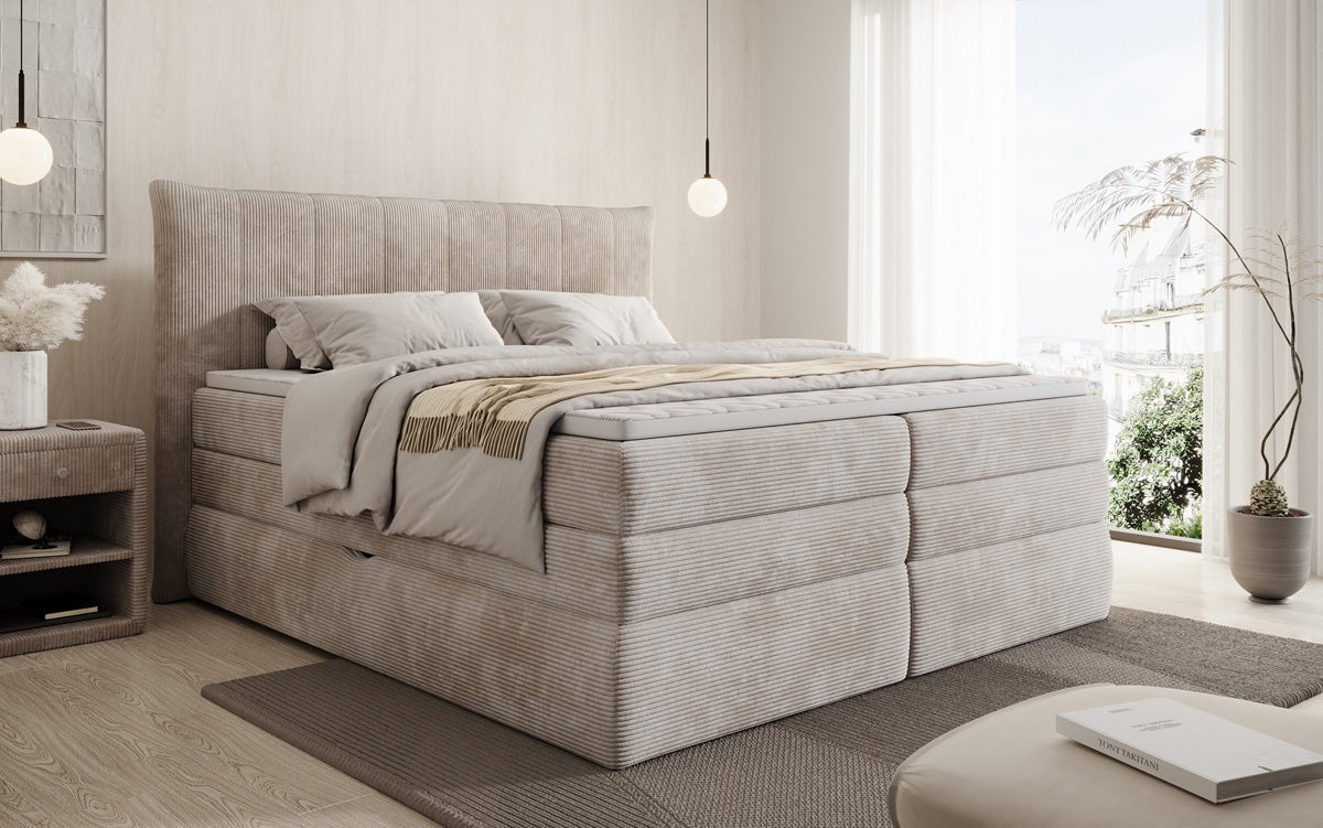 Lit boxspring Stella avec rangement en Côtelé