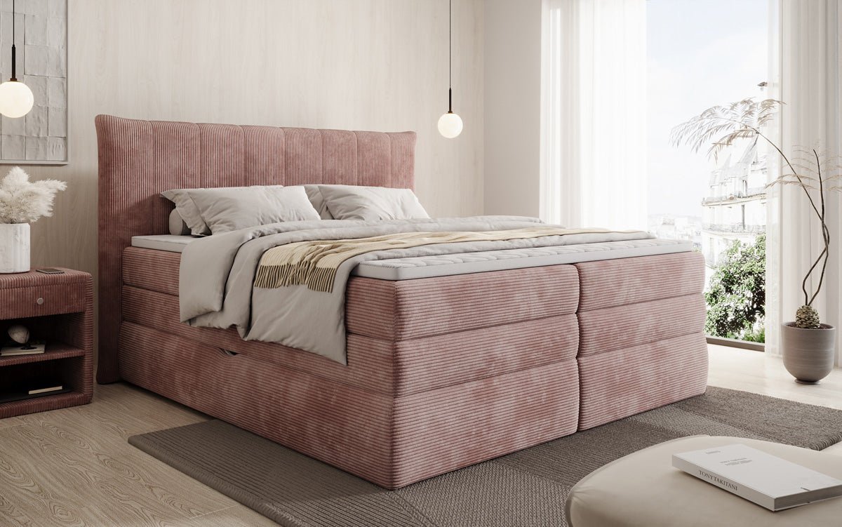 Lit boxspring Stella avec rangement en Côtelé