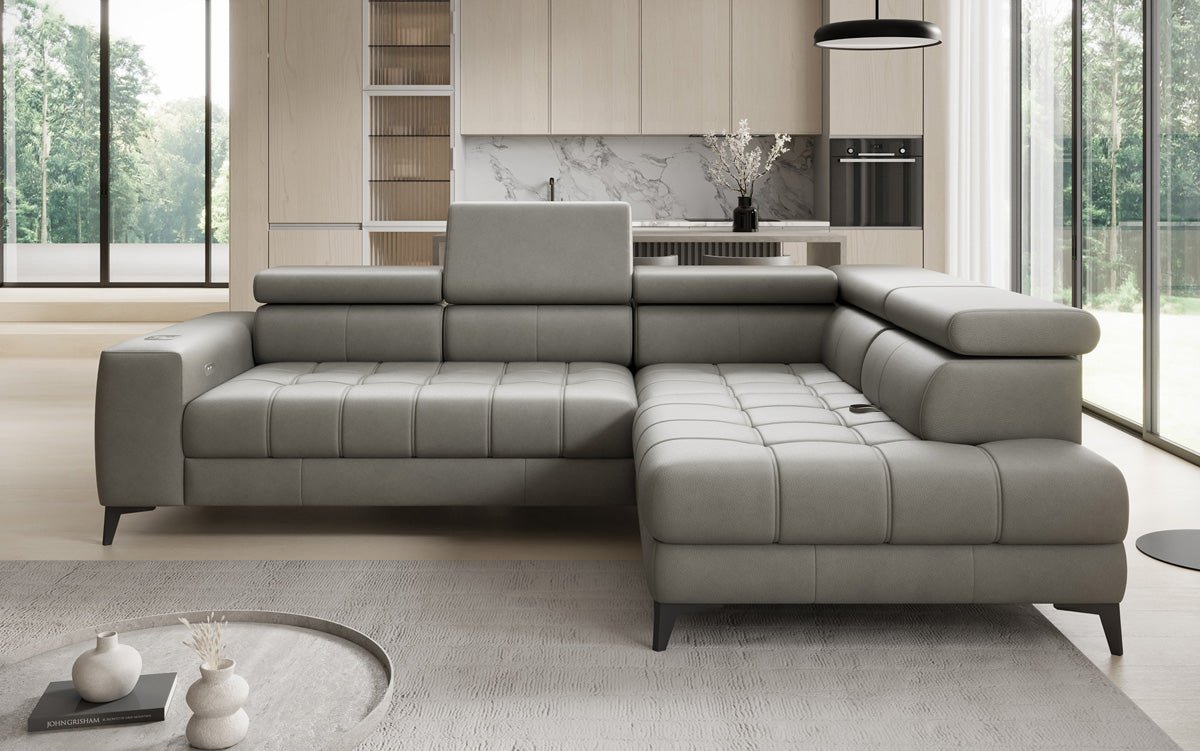 Designer L Sofa Seluna mit elektrischer Schlaffunktion, Induktion und Stauraum in Echtleder