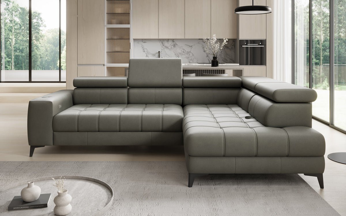 Designer L Sofa Seluna mit elektrischer Schlaffunktion, Induktion und Stauraum in Echtleder