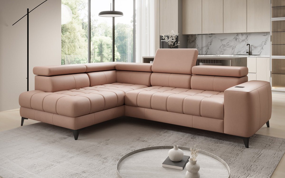 Designer L Sofa Seluna mit elektrischer Schlaffunktion, Induktion und Stauraum in Echtleder