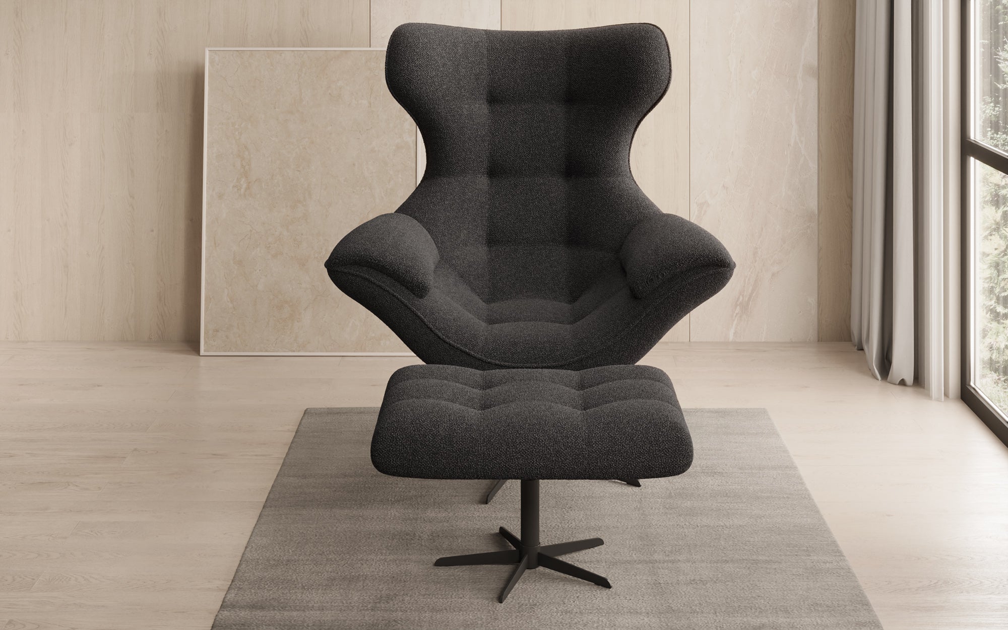 Designer Sofa-Sessel Aurelio inkl. Beistellhocker in Bouclé