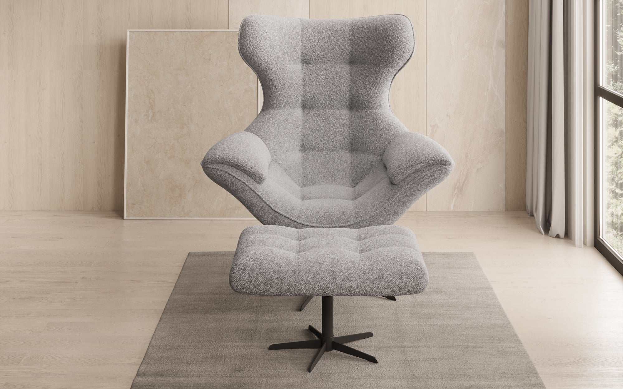 Designer Sofa-Sessel Aurelio inkl. Beistellhocker in Bouclé