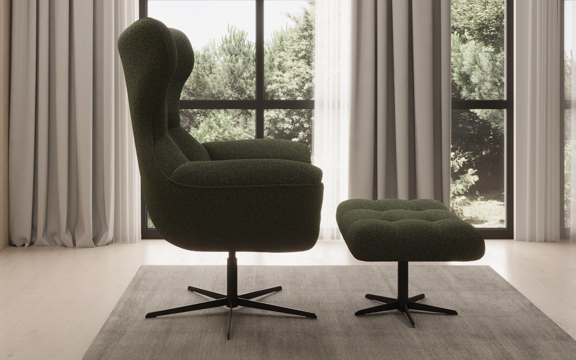 Designer Sofa-Sessel Aurelio inkl. Beistellhocker in Bouclé