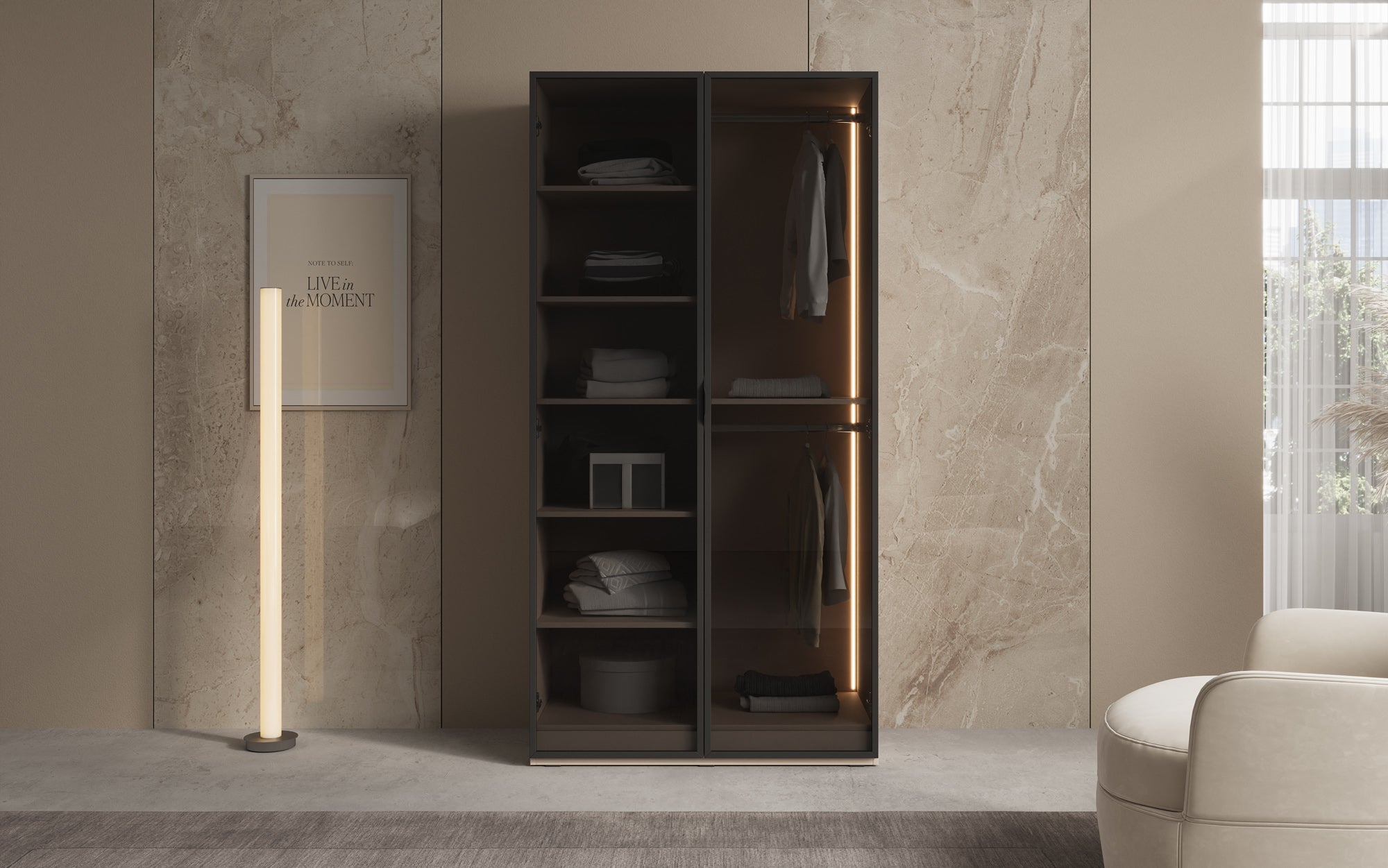 Modulo Luno – Design-Kleiderschrank mit Glasfront und LED-Innenbeleuchtung