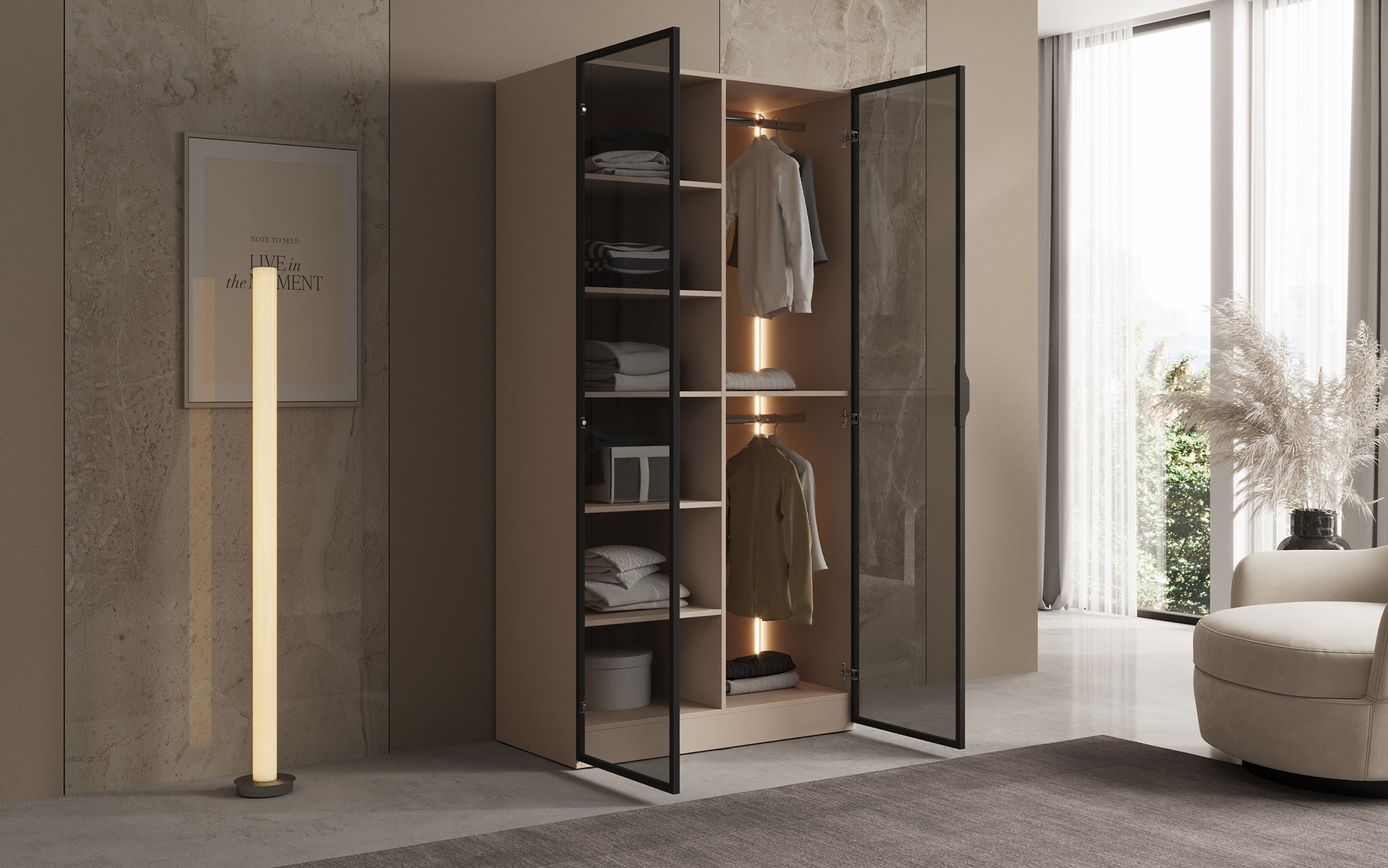 Modulo Luno – Design-Kleiderschrank mit Glasfront und LED-Innenbeleuchtung