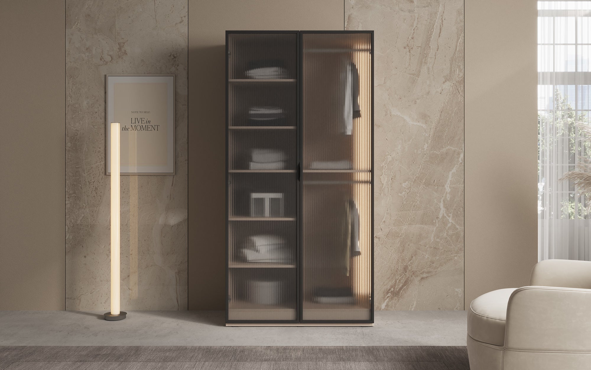 Modulo Arda – Design-Kleiderschrank mit geriffelter Glasfront