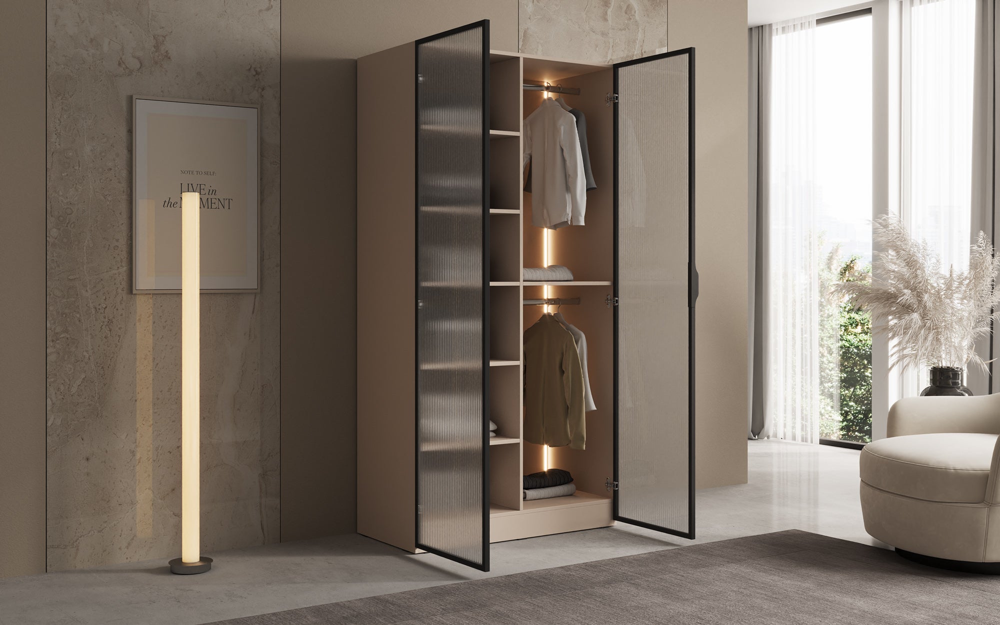 Modulo Arda – Design-Kleiderschrank mit geriffelter Glasfront